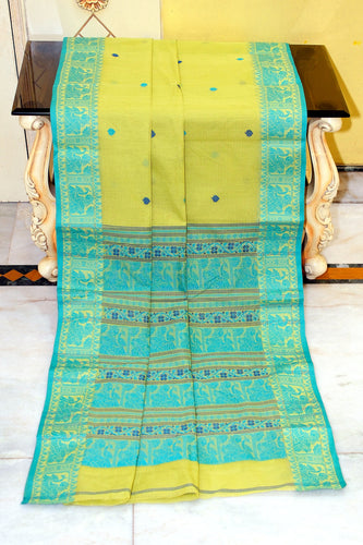 Bengal Handloom Cotton Baluchari Saree in Honeysuckle, Navy Blue and Sea Green