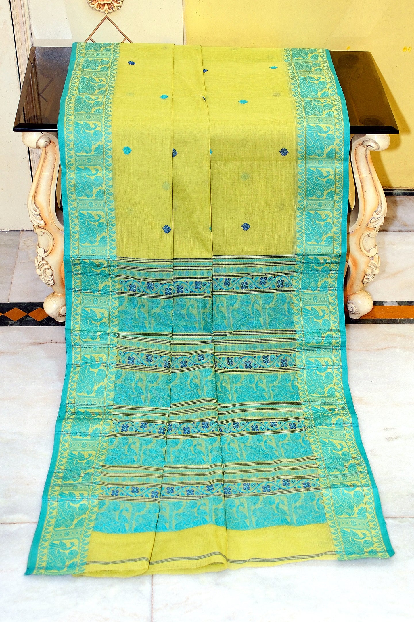 Bengal Handloom Cotton Baluchari Saree in Honeysuckle, Navy Blue and Sea Green