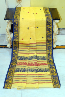 Bengal Handloom Cotton Baluchari Saree in Marigold Yellow, Navy Blue and Maroon
