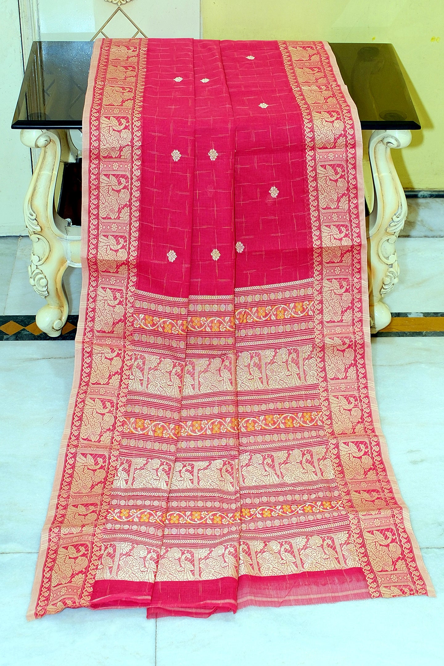 Bengal Handloom Cotton Baluchari Saree in Red, Fuel Yellow and Beige