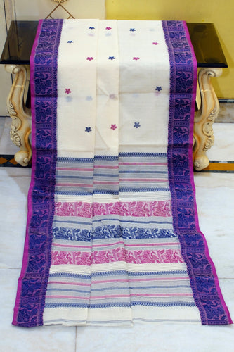 Bengal Handloom Cotton Baluchari Saree in Off White, Royal Blue and Magenta