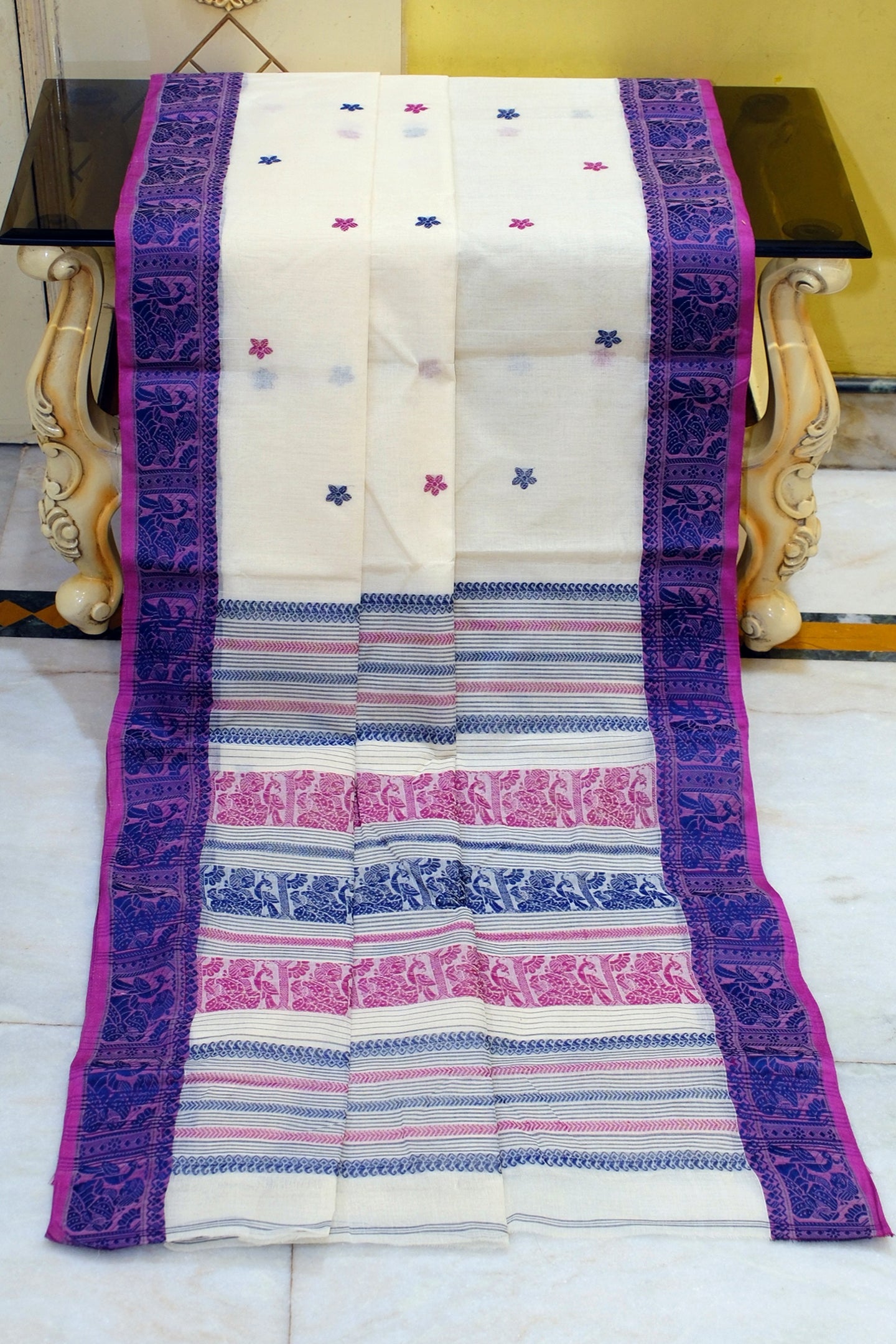 Bengal Handloom Cotton Baluchari Saree in Off White, Royal Blue and Magenta