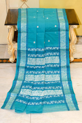 Bengal Handloom Cotton Baluchari Saree in Seagreen, Deep Blue and Off White