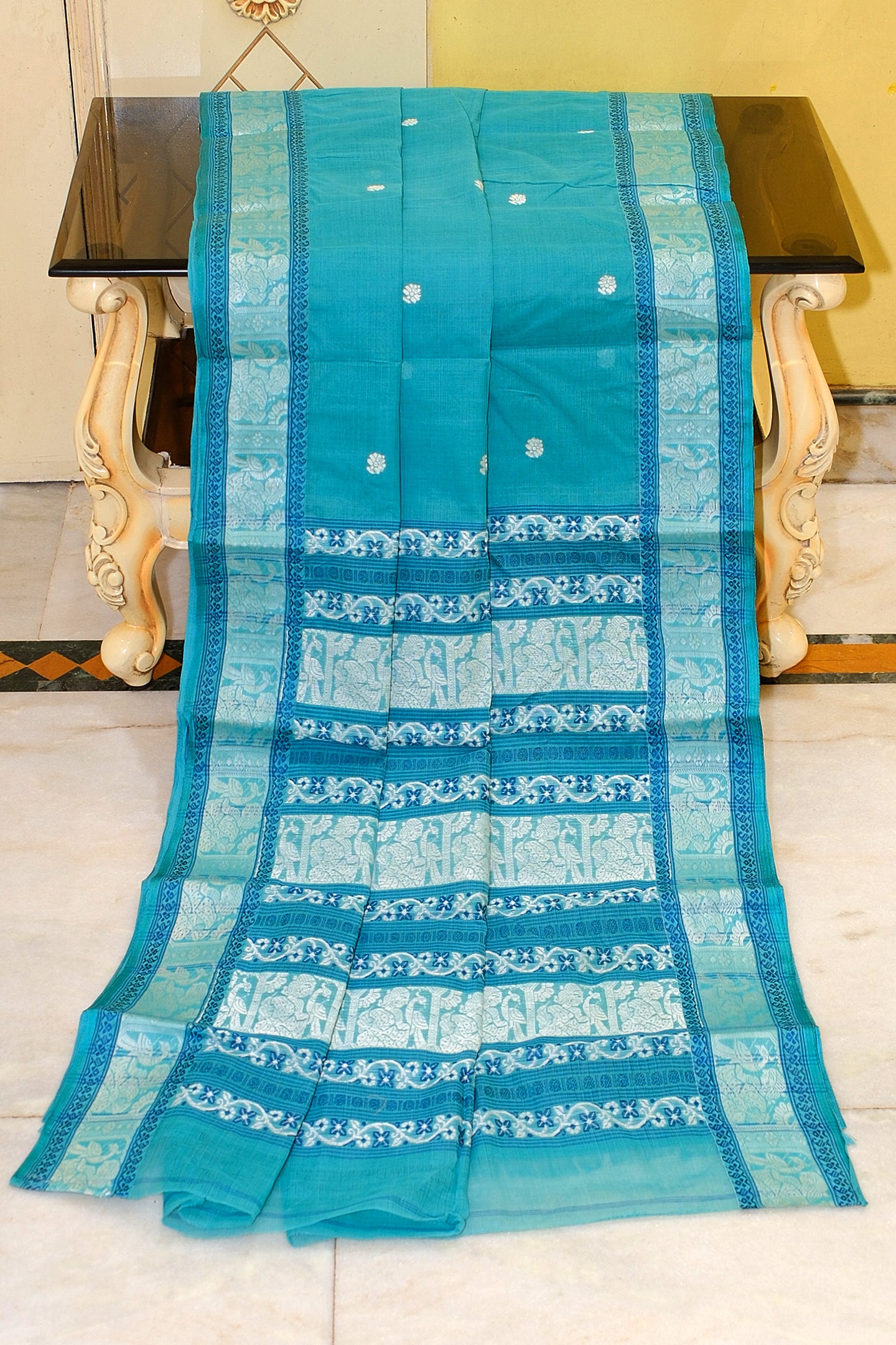 Bengal Handloom Cotton Baluchari Saree in Seagreen, Deep Blue and Off White