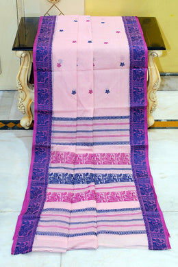 Bengal Handloom Cotton Baluchari Saree in Cavern Pink, Royal Blue and Warm Purple