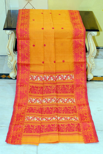Bengal Handloom Cotton Baluchari Saree in Bee Yellow, Red and Off White