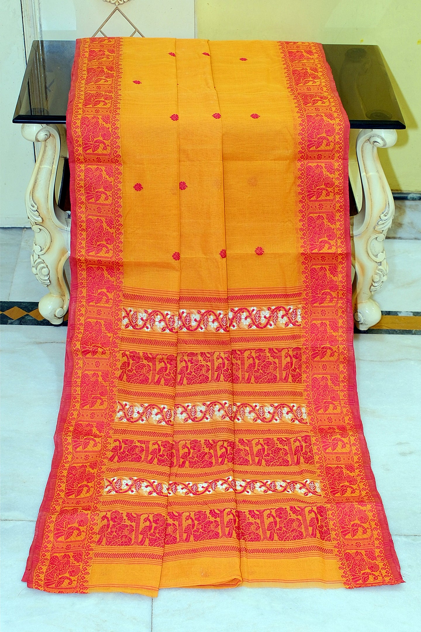 Bengal Handloom Cotton Baluchari Saree in Bee Yellow, Red and Off White