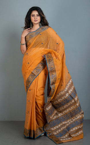 Bengal Handloom Cotton Baluchari Saree in Amber, Prussian Blue and Off White