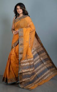 Bengal Handloom Cotton Baluchari Saree in Amber, Prussian Blue and Off White