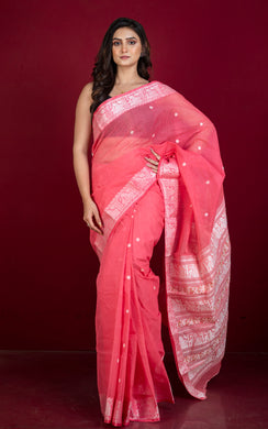 Bengal Handloom Cotton Baluchari Saree in Peach and Off White