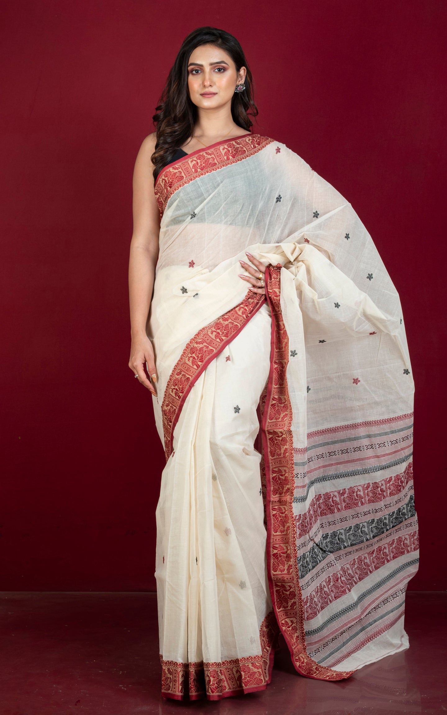 Bengal Handloom Cotton Baluchari Saree in Off White, Maroon, Beige and Black