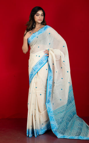Bengal Handloom Cotton Baluchari Saree in Honeysuckle, Navy Blue and Sea Green