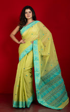 Bengal Handloom Cotton Baluchari Saree in Honeysuckle, Navy Blue and Sea Green
