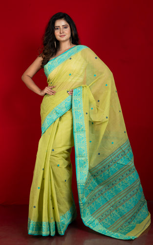 Bengal Handloom Cotton Baluchari Saree in Honeysuckle, Navy Blue and Sea Green