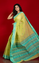 Bengal Handloom Cotton Baluchari Saree in Honeysuckle, Navy Blue and Sea Green