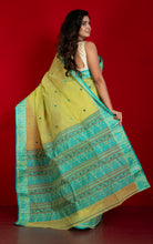 Bengal Handloom Cotton Baluchari Saree in Honeysuckle, Navy Blue and Sea Green