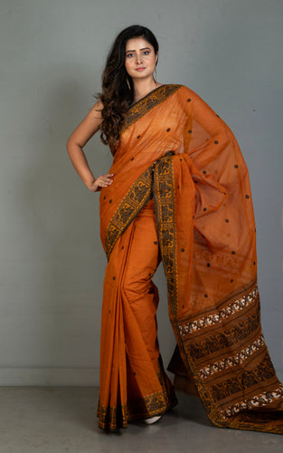 Bengal Handloom Cotton Baluchari Saree in Rust Brown, Off White and Black