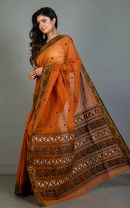Bengal Handloom Cotton Baluchari Saree in Rust Brown, Off White and Black