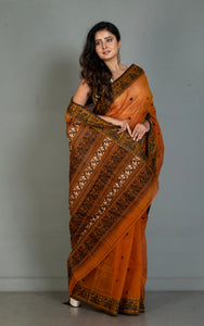 Bengal Handloom Cotton Baluchari Saree in Rust Brown, Off White and Black