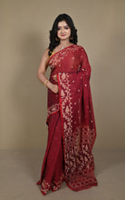 Hand Karat Needle Woven Work Pure Cotton Bengal Jamdani Saree in Merlot, Red and Beige