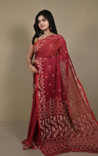 Hand Karat Needle Woven Work Pure Cotton Bengal Jamdani Saree in Merlot, Red and Beige