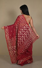 Hand Karat Needle Woven Work Pure Cotton Bengal Jamdani Saree in Merlot, Red and Beige