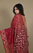 Hand Karat Needle Woven Work Pure Cotton Bengal Jamdani Saree in Merlot, Red and Beige