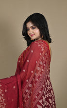 Hand Karat Needle Woven Work Pure Cotton Bengal Jamdani Saree in Merlot, Red and Beige