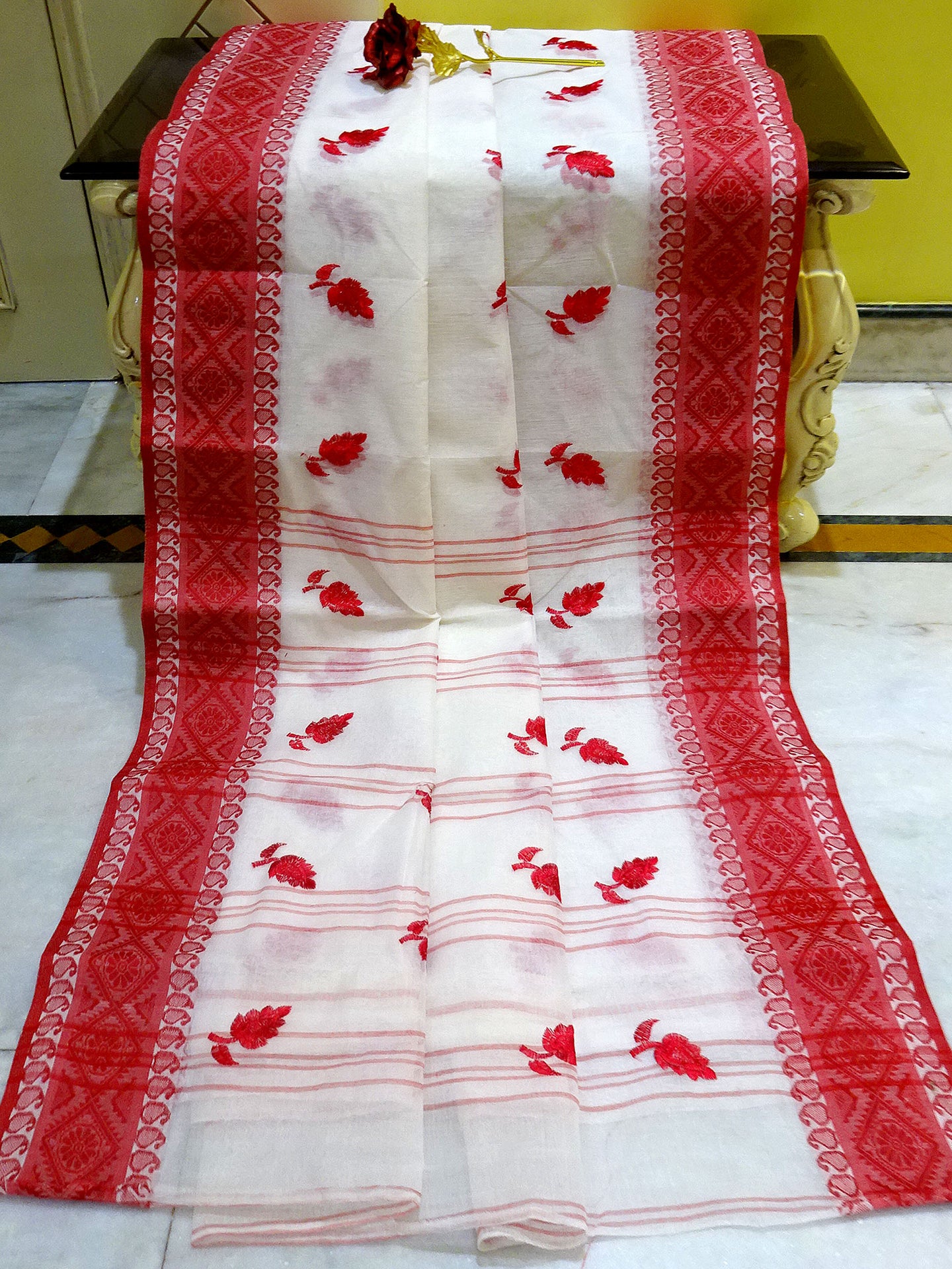 Bengal Handloom Cotton Saree with Leaf Motif Embroidery Work in White and Red