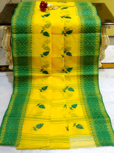 Bengal Handloom Cotton Saree with Leaf Motif Embroidery Work in Yellow and Green
