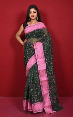 Bengal Handloom Cotton Saree with Floral Jaal Embroidery Work in Dark Bottle Green and Pink