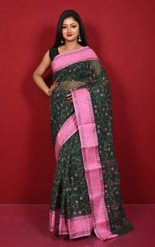 Bengal Handloom Cotton Saree with Floral Jaal Embroidery Work in Dark Bottle Green and Pink