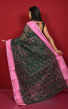 Bengal Handloom Cotton Saree with Floral Jaal Embroidery Work in Dark Bottle Green and Pink