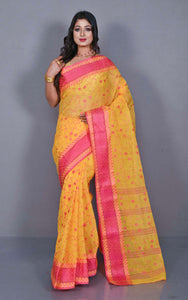 Bengal Handloom Cotton Saree with Floral Jaal Embroidery Work in Yellow and Hot Pink