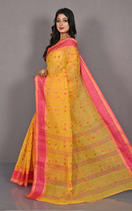 Bengal Handloom Cotton Saree with Floral Jaal Embroidery Work in Yellow and Hot Pink