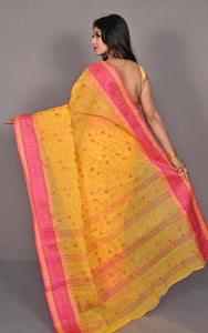 Bengal Handloom Cotton Saree with Floral Jaal Embroidery Work in Yellow and Hot Pink