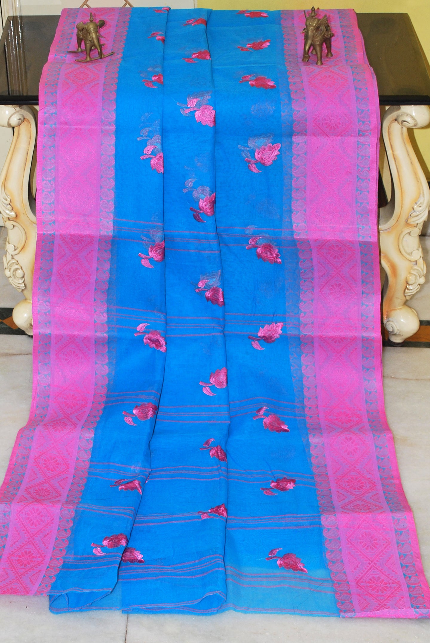 Bengal Handloom Cotton Saree with Leaf Motif Embroidery Work in Dodger Blue and Pink