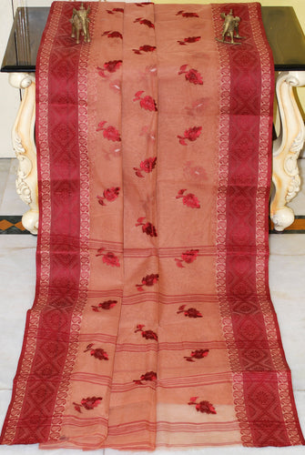 Bengal Handloom Cotton Saree with Leaf Motif Embroidery Work in Lemonade and Maroon