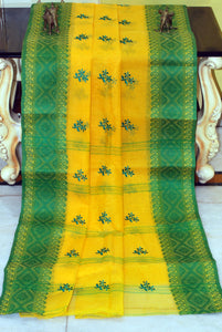 Bengal Handloom Cotton Saree with Floral Motif Embroidery Work in Yellow and Green