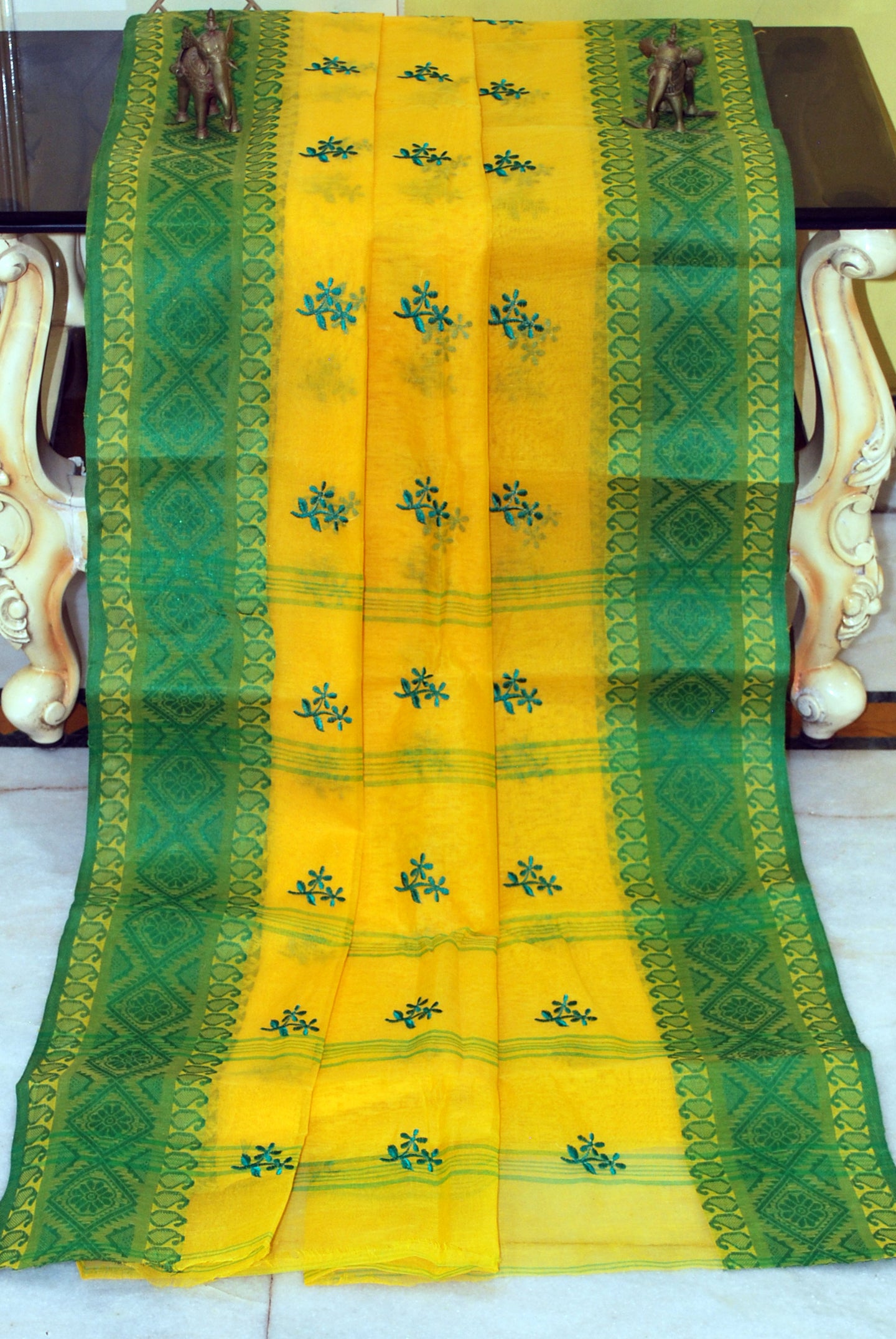Bengal Handloom Cotton Saree with Floral Motif Embroidery Work in Yellow and Green
