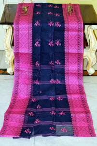 Bengal Handloom Cotton Saree with Floral Motif Embroidery Work in Midnight Blue and Pink
