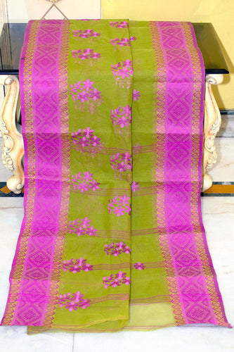 Bengal Handloom Cotton Saree with Floral Skirt Motif Embroidery in Citrus Green and Free Speech Magenta