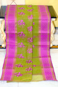 Bengal Handloom Cotton Saree with Floral Skirt Motif Embroidery in Citrus Green and Free Speech Magenta