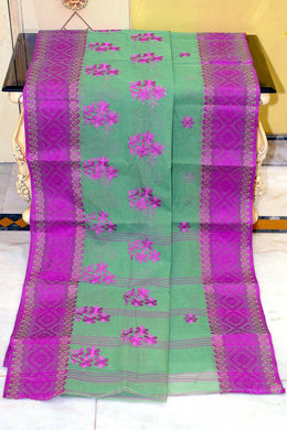 Bengal Handloom Cotton Saree with Floral Skirt Motif Embroidery in Sage Green and Magenta
