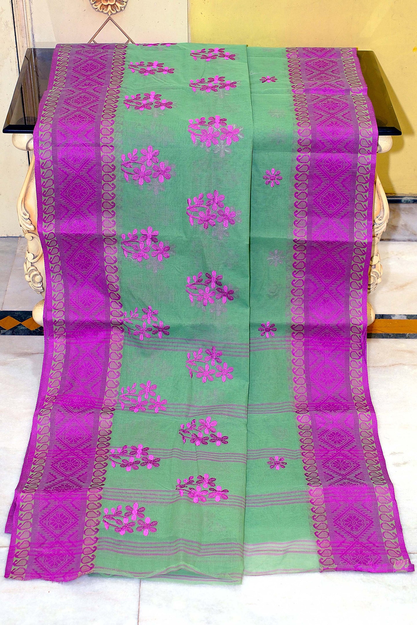 Bengal Handloom Cotton Saree with Floral Skirt Motif Embroidery in Sage Green and Magenta