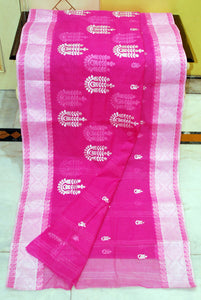 Bengal Handloom Cotton Saree with Tri Floral Motif Embroidery Work in Pink and White
