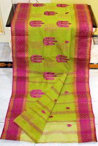 Bengal Handloom Cotton Saree with Tri Floral Motif Embroidery Work in Apple Green and Purple