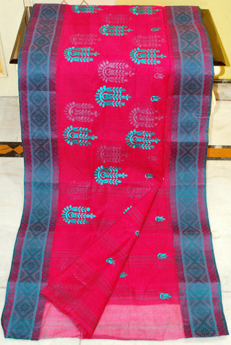 Bengal Handloom Cotton Saree with Tri Floral Motif Embroidery Work in Hot Pink and Teal Green