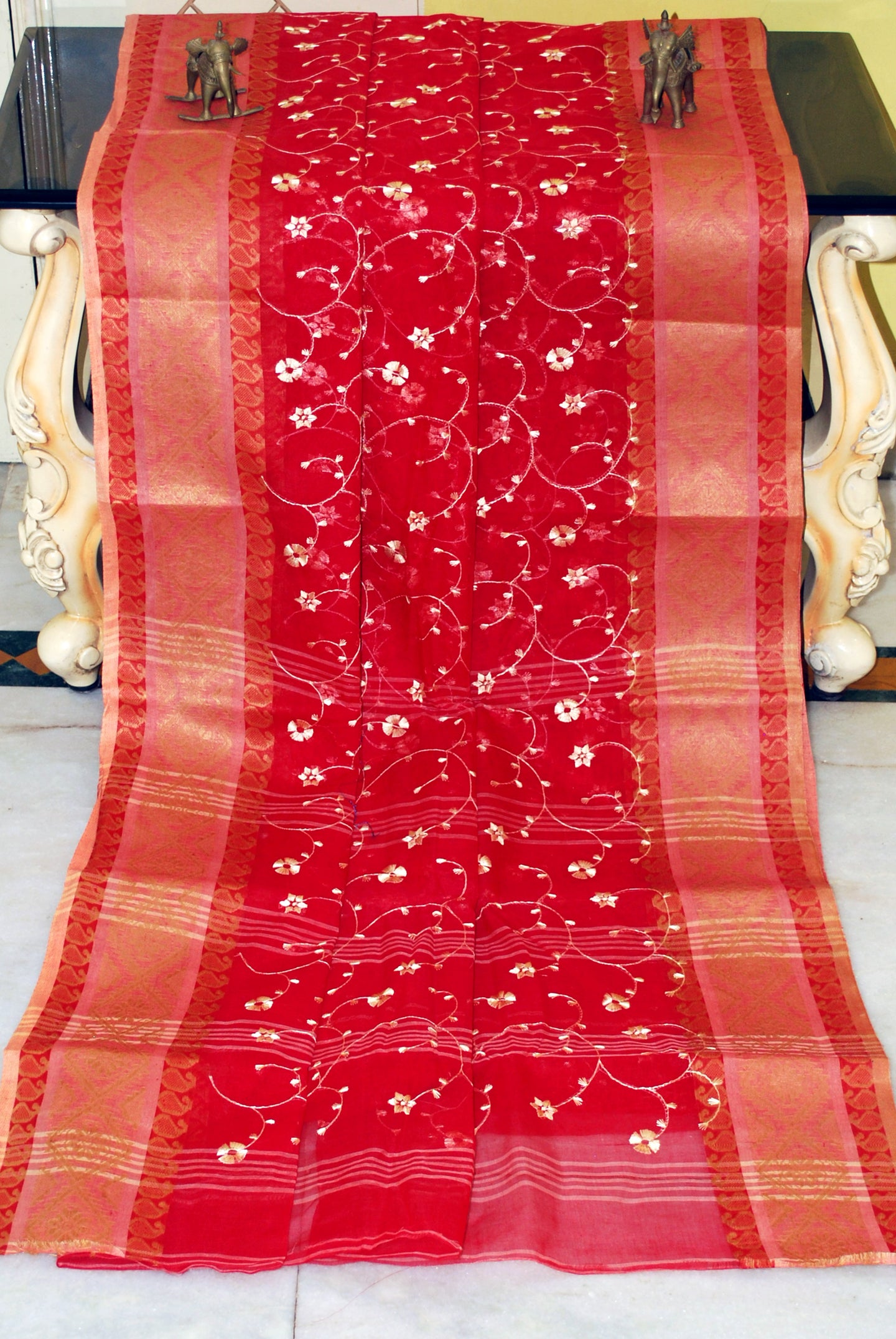 Bengal Handloom Cotton Saree with Floral Jaal Embroidery Work in Red, Chiffon White and Pale Golden