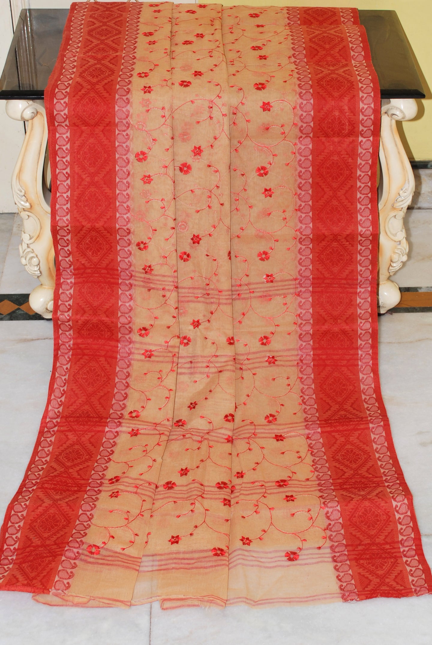 Bengal Handloom Cotton Saree with Floral Jaal Embroidery Work in Biscotti and Red